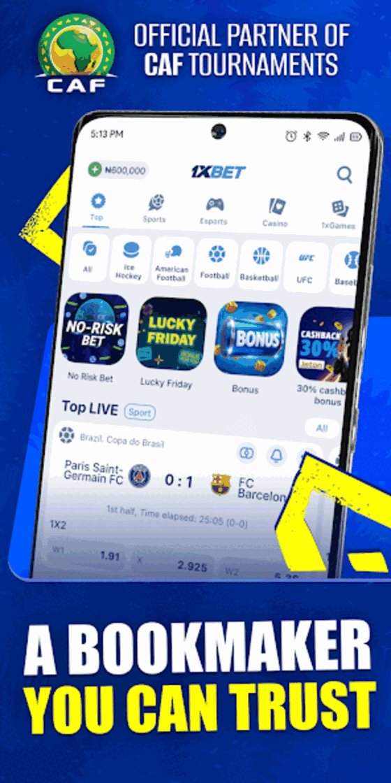 1XBET Google Play image showing a phone with the 1XBET app’s sports fixtures, navigation and game tiles.
